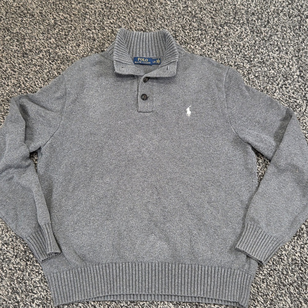 Polo Ralph Lauren Mens Gray 100% Cotton Mock Neck Button Sweater Large